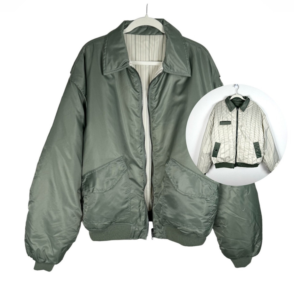 Topshop Reversible Nylon Bomber Jacket Green Khaki Striped Oversized Size M